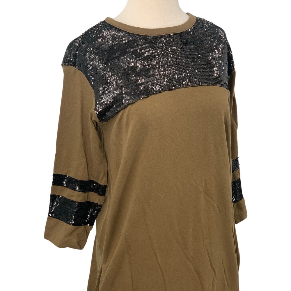 H&M Studio Women's 3/4 Sleeve Pullover Midi Dress Olive Green/Black Sequins Sz 4 - Picture 2 of 9